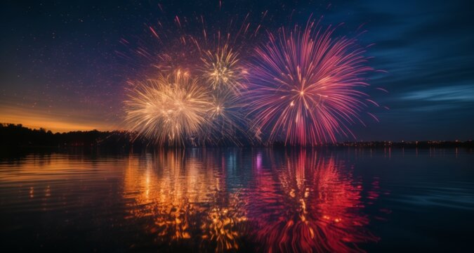  Spectacular fireworks display over tranquil lake at dusk
