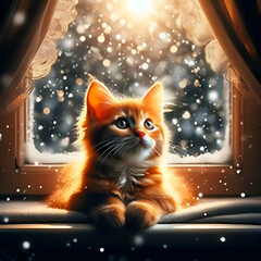 Red kitten at the window on a winter day. AI Generation.