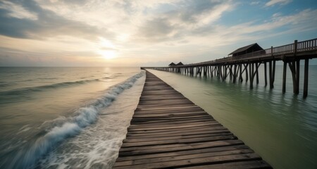 Fototapeta na wymiar Sunset on the pier, where the day meets the sea