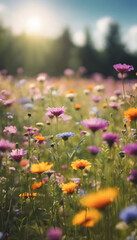 Obraz premium Colorful wildflowers in a sunlit field with a soft-focus background.