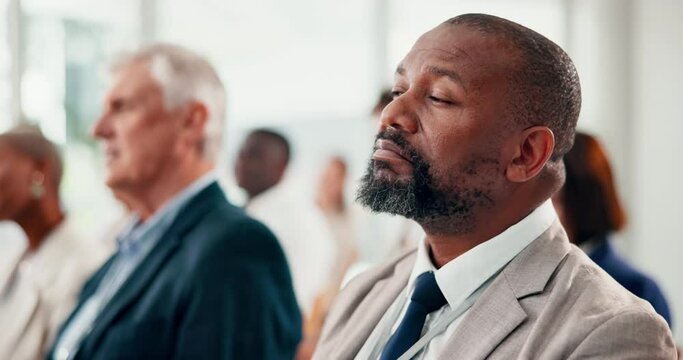 Conference, business people and black man listening with business, seminar and feedback with learning. African person, audience or crowd with information and hearing with review or corporate training
