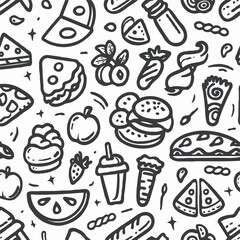 black and white monochrome pattern of different foods