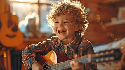 A child's unadulterated happiness and giggles as they joyfully played their guitar.