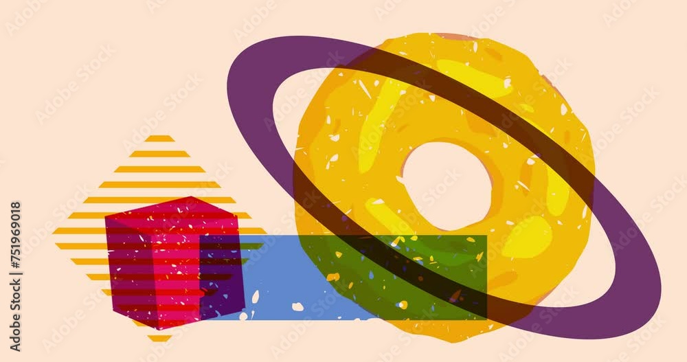 Poster risograph doughnut with geometric shapes animation. moving object in trendy riso graph design video.