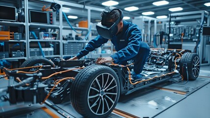 Obraz na płótnie Canvas The chassis structure of an electric automobile is worked on by an automotive engineer. Build the system with 3D visual effects software and a virtual reality headset.