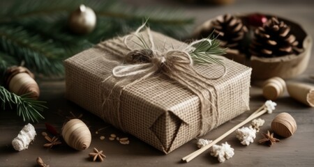  A rustic Christmas gift box, adorned with natural elements and pine cones