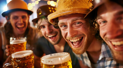 A group of people wearing silly oversized foam hats shaped like giant beer steins with big smiles on their faces.