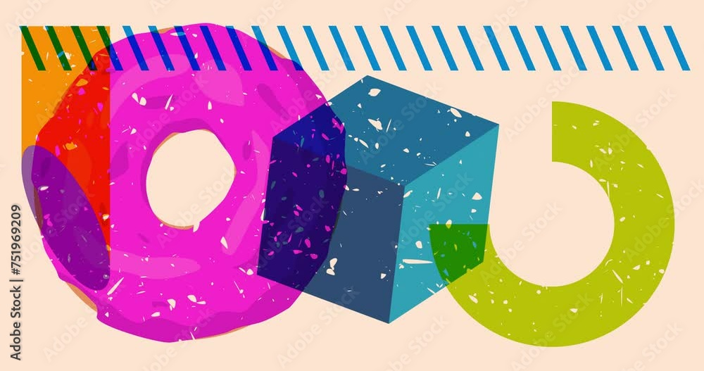 Poster risograph doughnut with geometric shapes animation. moving object in trendy riso graph design video.