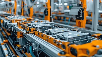 Close-up of a manufacturing line for mass-producing electric vehicle batteries