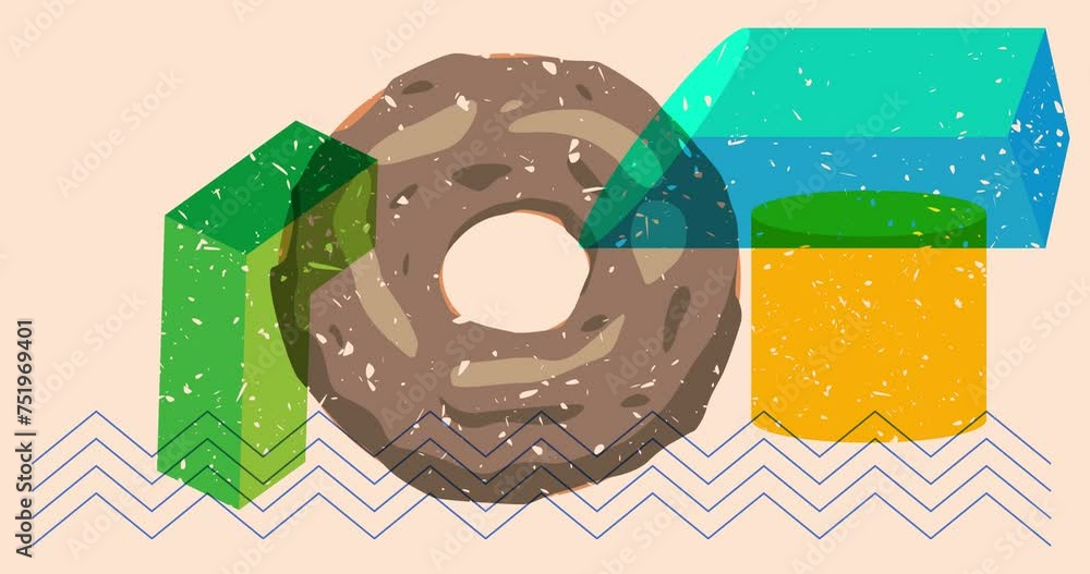 Poster risograph doughnut with geometric shapes animation. moving object in trendy riso graph design video.