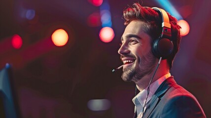 Motivational speaker on stage wearing a headphone and grinning.