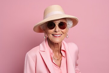 Portrait of smiling senior woman in hat and sunglasses on pink background