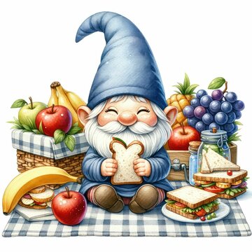 recommend clip art: gnome Outdoor picnic with sandwiches and fruits. watercolor illustration, Gnome set. Gardening cute, Isolated on white background. Summer weekend party holiday design.