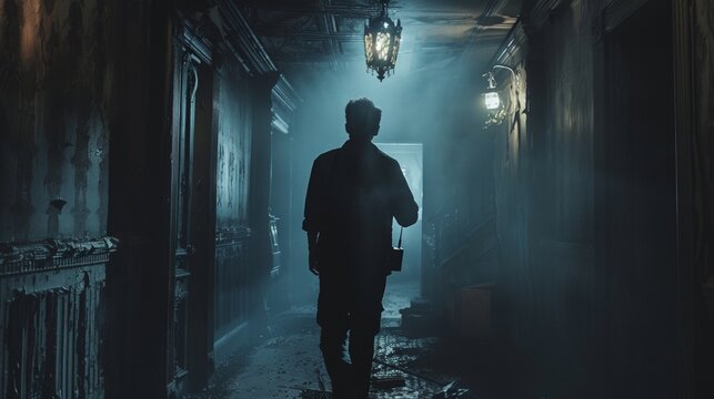A ghost hunter navigates a haunted house EVP recorder in hand flickering lights guiding to eerie whispers