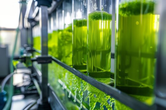 Algae biofuel processing in a laboratory scientists converting algae into fuel through a sustainable closed loop system