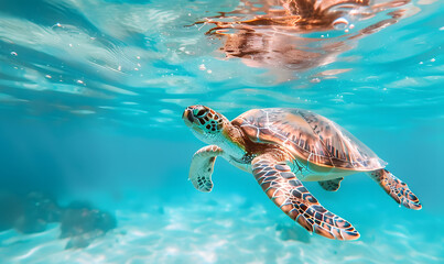 A sea turtle swims in the turquoise waters of the ocean, Generative AI 