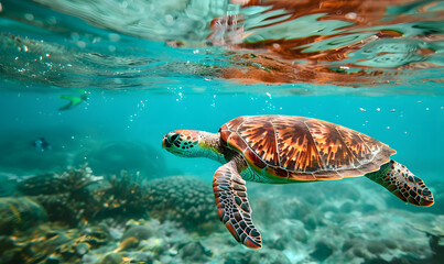 Obraz premium A sea turtle swims in the turquoise waters of the ocean, Generative AI 