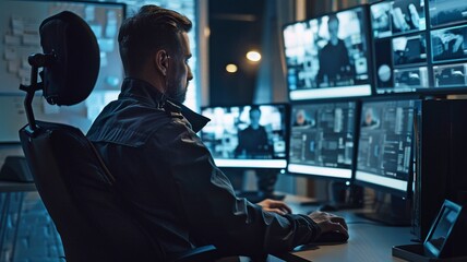 A policeman seated in front of office monitors enters the suspect's personal information into a computer database. - obrazy, fototapety, plakaty
