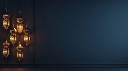 a group of Ramadan lanterns hanging on the side on an empty dark background