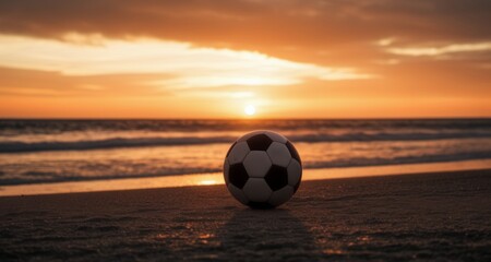  A solitary soccer ball on the beach at sunset