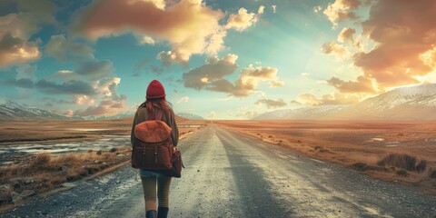 Back view of a woman with travel bag, journey concept