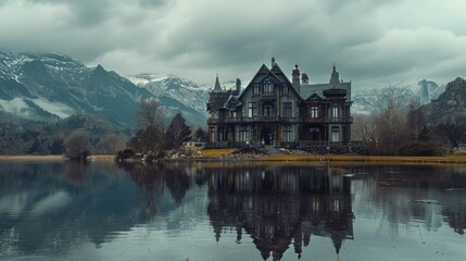 A tall gothic house at the lake shore with reflections in water