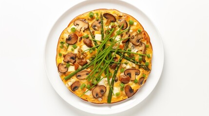 Plate of mushroom frittata garnished with asparagus, goat cheese, corn, and chives, arranged on a white round plate, displayed against a white background in an aerial view - Powered by Adobe