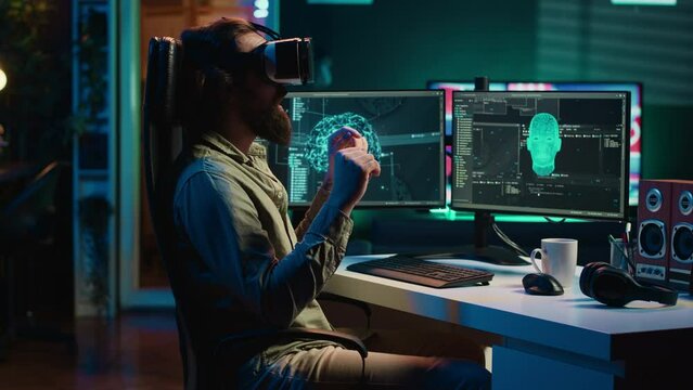 Programmer using VR headset to answer awaken AI gaining consciousness asking existential questions. Developer using virtual reality tech to chat with artificial intelligence, camera A