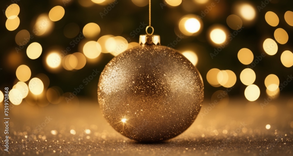 Wall mural  Shiny gold Christmas ornament with bokeh lights