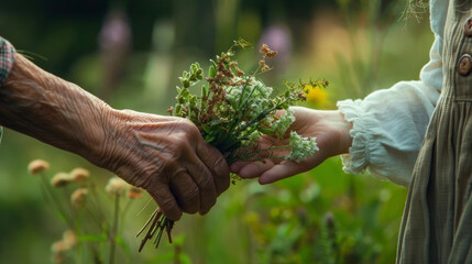A weathered hand holding a bundle of herbs as the wise elder carefully shares her knowledge of medicinal plants with a young apprentice.