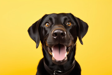 Portrait of a black Labrador retriever on a yellow background