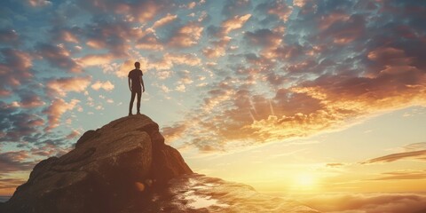 A man standing at the top of the mountain with sunset view copy space, success concept 