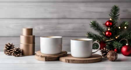 Obraz na płótnie Canvas Cozy Christmas - Two mugs of warm beverage, pine cones, and a festive tree