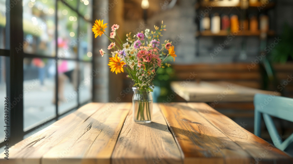 Poster a simple wooden table with a single vase of fresh flowers in the center adding a pop of color and fr