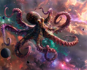 An octopus drifting in space, with its tentacles extended towards a gamma-ray burst, set against an interstellar backdrop of orbiting planets
