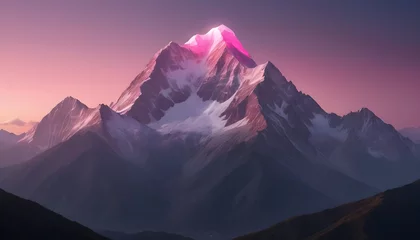 Poster A mountain with a pink light on top mountain in the background © itnozirmia