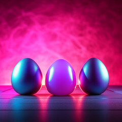 Futuristic Easter eggs under bright glowing neon lights, mixing tradition with high-tech fun. 