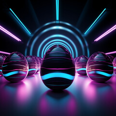 Futuristic Easter eggs under bright glowing neon lights, mixing tradition with high-tech fun. 