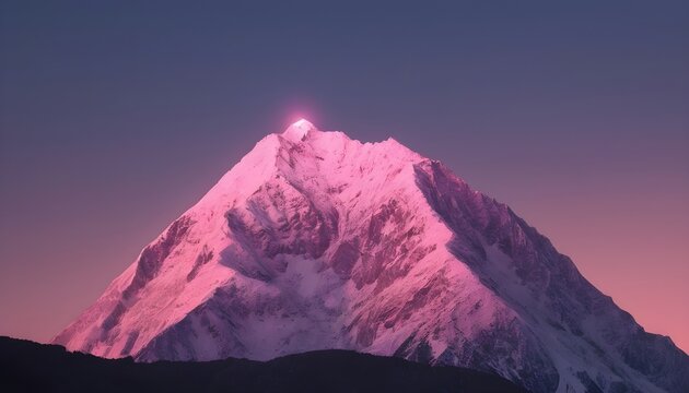 A mountain with a pink light on top mountain in the background