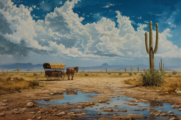 Fototapeta na wymiar Western Landscape: Horse and Cart in the Wild West