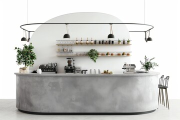 Scandi-Minimalist Cafe with Rounded Concrete Counter, on isolated white background, Generative AI