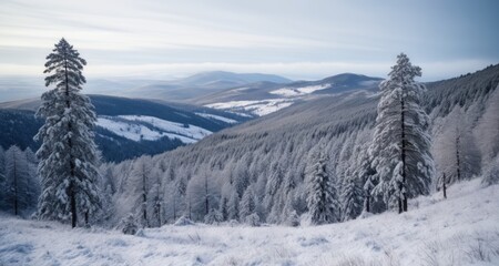 Fototapeta na wymiar Snowy mountain vista with majestic evergreens