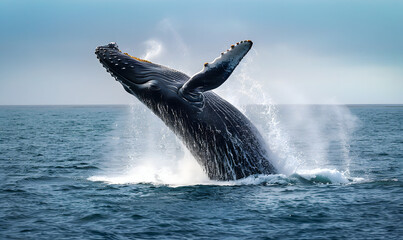 Naklejka premium A whale breaching water, Generative AI 