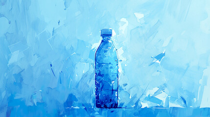 涼し気な青色を基調としたペットボトルの水彩イラスト背景
