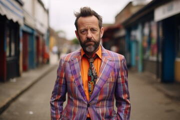 Fototapeta premium Portrait of a handsome middle-aged man in a purple jacket and orange bow tie.
