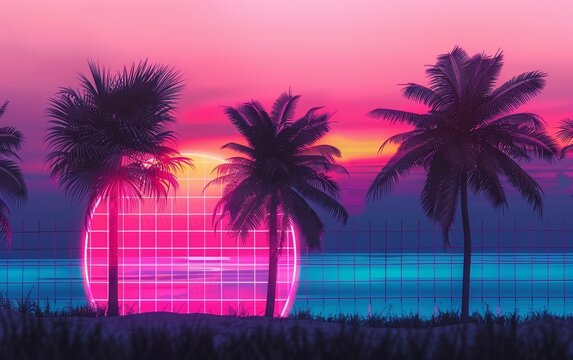 Vibrant 80s retro neon sunset silhouette of palm trees Miami beach vibe pastel sky