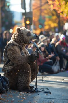 A rapping bear with a microphone, delivering rhymes on a street corner, surrounded by an enthusiastic urban crowd