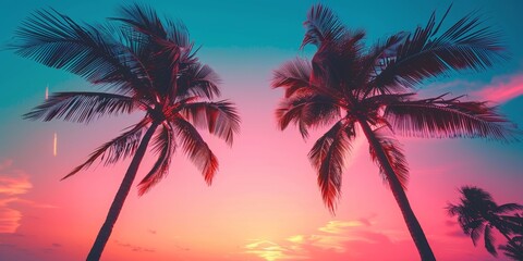 Palm trees and 80s retro neon lights tropical sunset with a vintage Miami feel