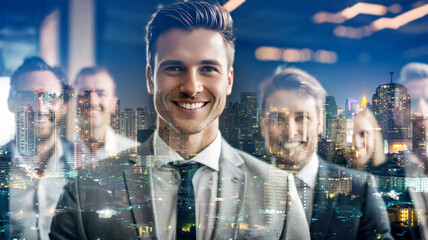 Double exposure of smart businessman and his team at office meeting with city night background - 751972665