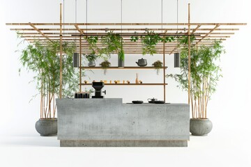 Zen-Inspired Cafe with Concrete Counter and Bamboo Accents, on isolated white background, Generative AI